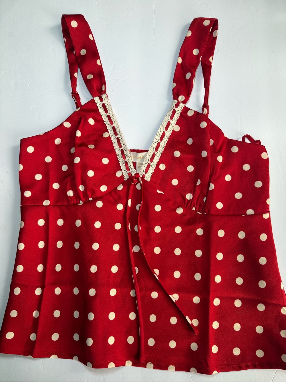 Monteau Red Polka Dot Satin Lace Trim Top - Size L - NWT
